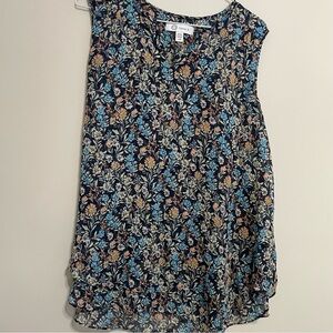 Cristina‎ B Blue and Cream Floral Sleeveless Blouse~Sz L ~ Office Wear